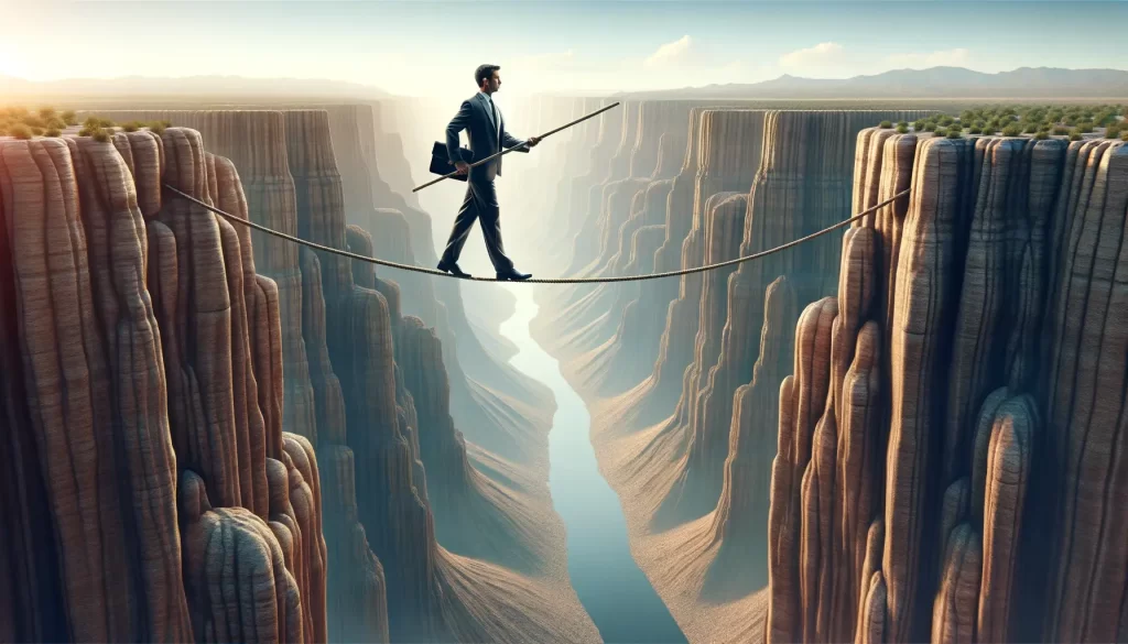 A man holding a briefcase walking on a tight rope across a canyon with a river below.